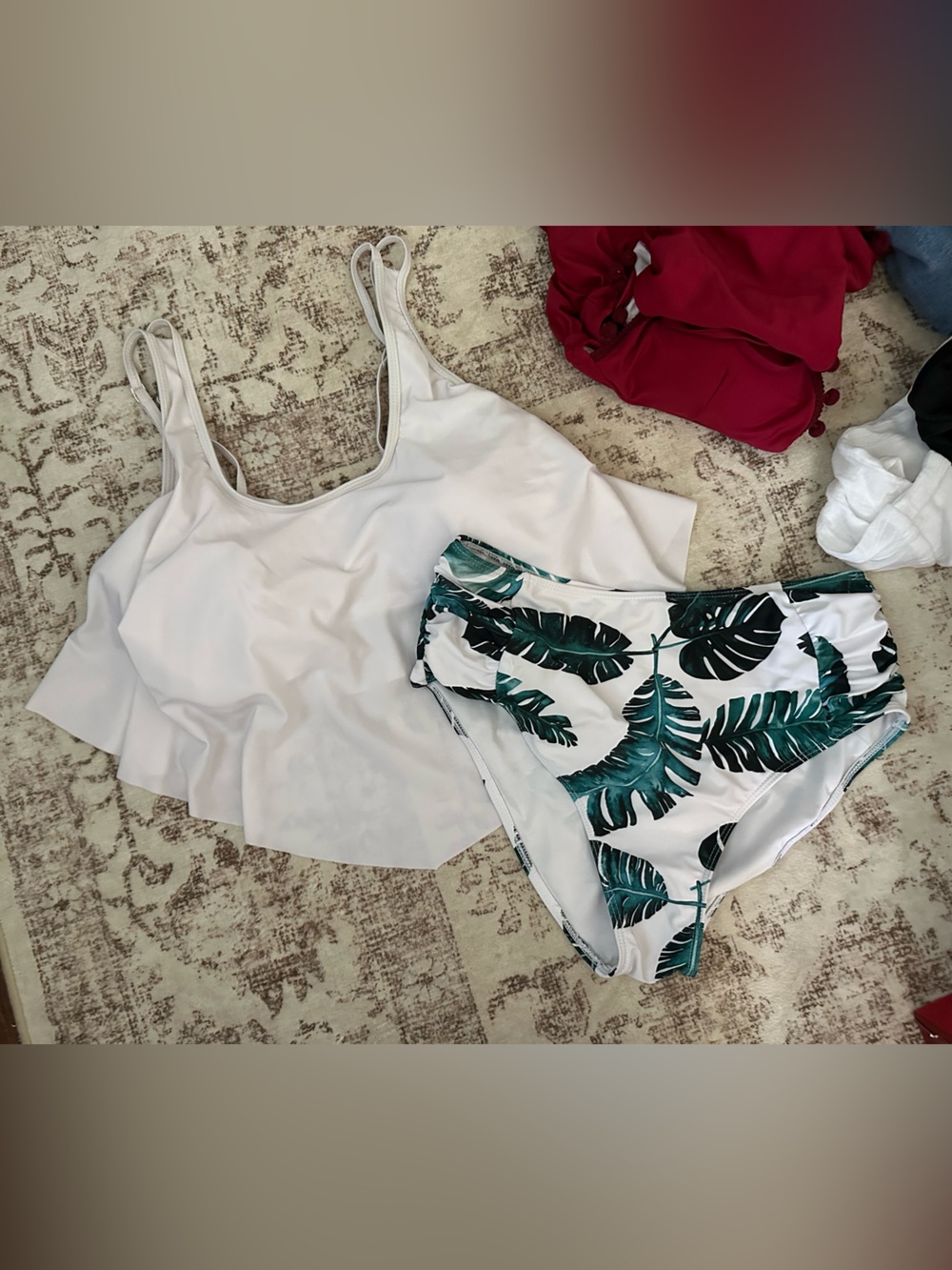 SHEIN White Ruffle Tankini Top with Green Leaf Print High Waist Bottoms